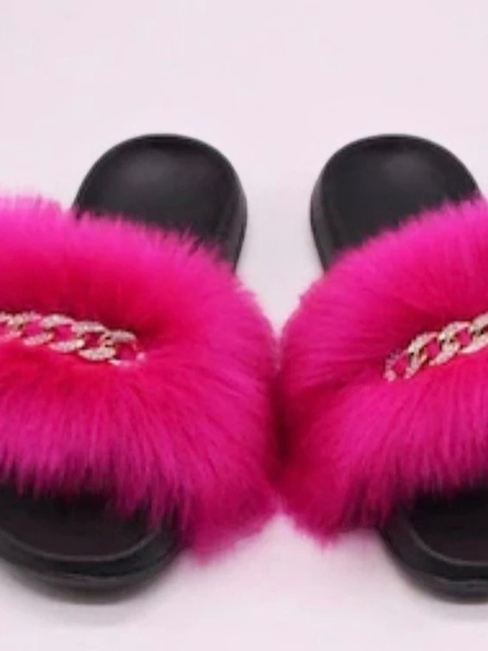 Faux Fur Chain Slide Sandals in Pink & Black